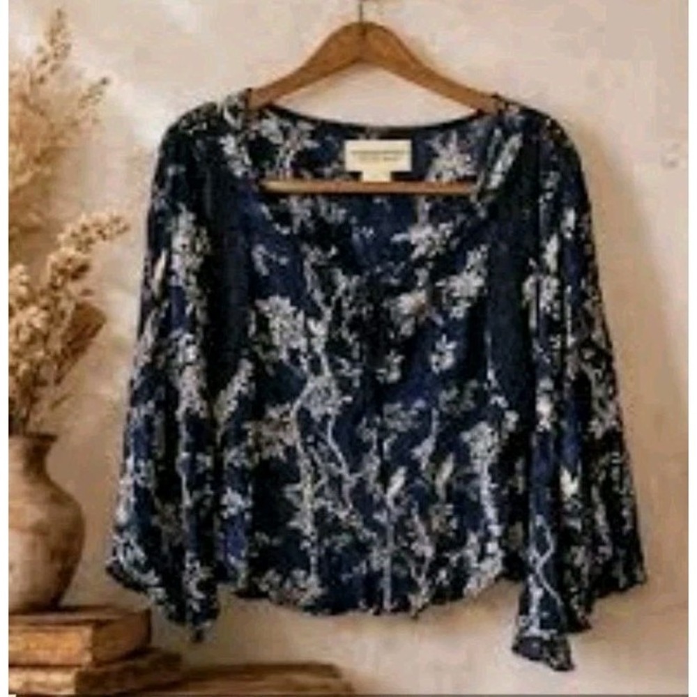 Denim & Supply Ralph Lauren Navy Floral Blouse Medium Split Flutter Sleeves Lace
